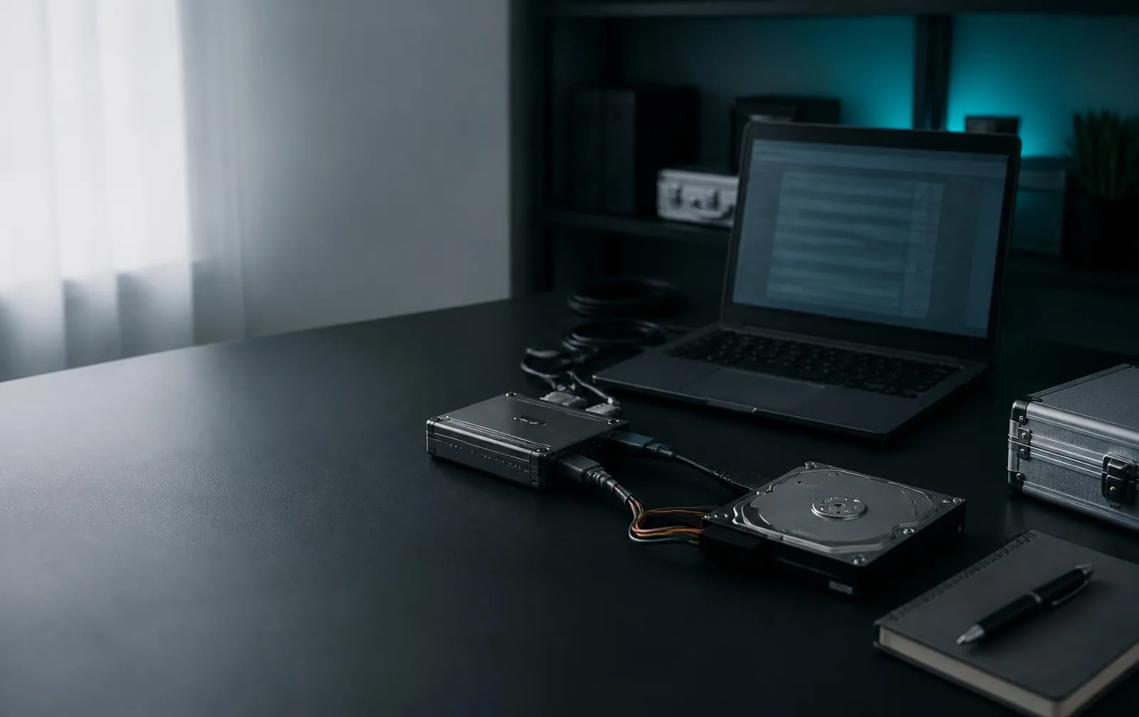 Forensischer Arbeitsplatz mit Laptop, Festplatte und Schreibschutzadapter